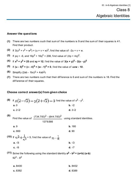 Grade 9 Algebra Worksheets With Answers