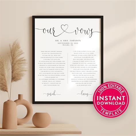 his and hers wedding vows wall art print template instant etsy