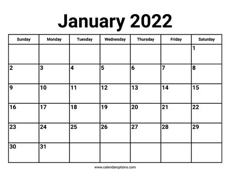 Colorful January 2022 Calendar