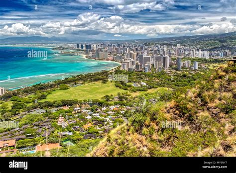 Panorama View Over Honolulu From Diamond Head On Oahu Hawaii Stock