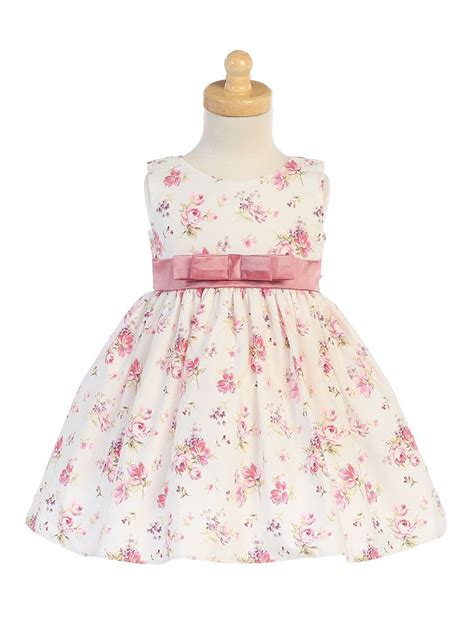 Girls Cotton Floral Print Dress W Dusty Rose Sash And Bow Pink Princess
