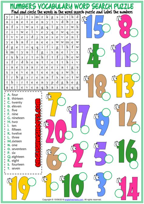 Numbers Esl Printable Word Search Puzzle Worksheet Images