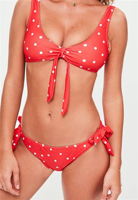 Missguided Red Tie Front Polka Dot Bikini Set Lyst