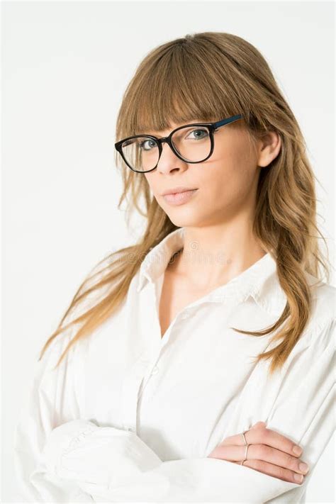 A Beautiful Woman In Black Rimmed Glasses Posing For A Portrait Stock Image Image Of Suave
