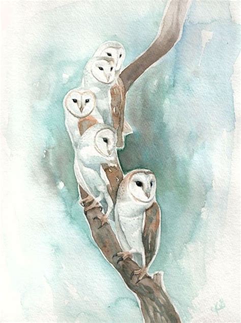 Owls On A Tree Branch Artist Unknown Watercolor Trees Watercolor