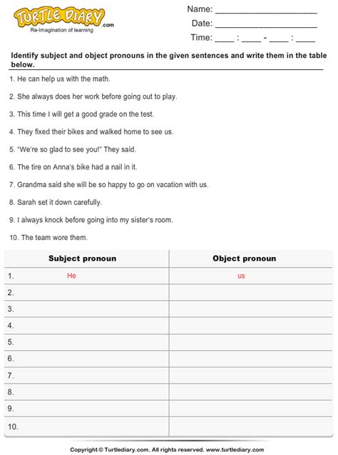 Subject And Object Pronoun Worksheet
