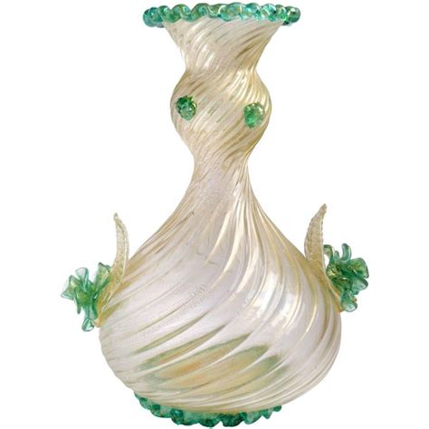 Barovier Toso Murano Green Roses Gold Flecks Italian Art Deco Glass Mid Century Flower Vase