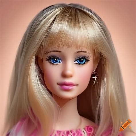 Beautiful Blonde Bangs Tween Girl Portrait Real Life Super Detailed Enhanced Morphs Into Barbie