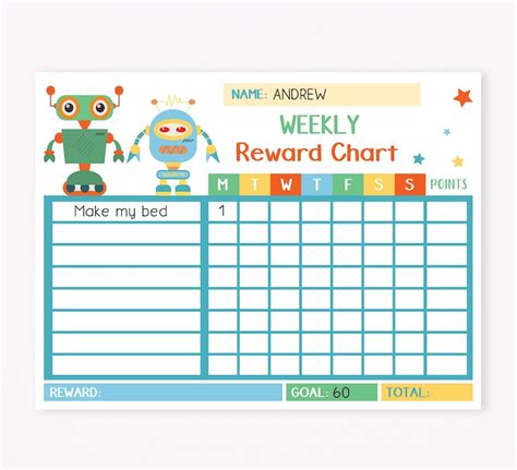 Printable Chore Chart For Kids Robots Boy Behavior Chart Etsy