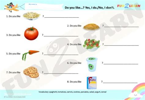 Do You Like Spaghetti Yogurt Worksheet Short Answers Fun2learn