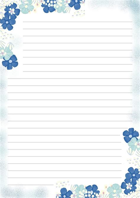 Letter Paper A4 With Blue Flowers And Lined Writing Space