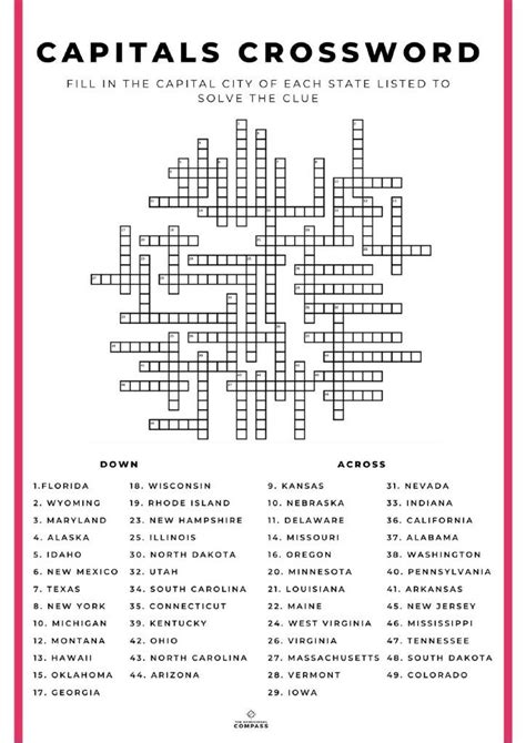 Free Printable State Capitals Crossword Puzzle States And Capitals