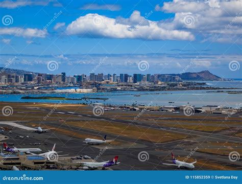Aerial View Of Downtown Honolulu And Hnl Airport In Hawaii Editorial