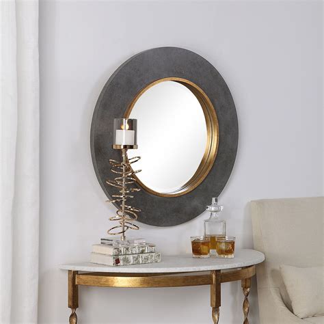 Large Round Wood Beveled Wall Mirror Contemporary Charcoal Concrete