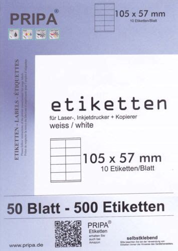500 Etiketten 105x57mm Auf 50 Blatt A4 Tintelaserdruckerkopierer