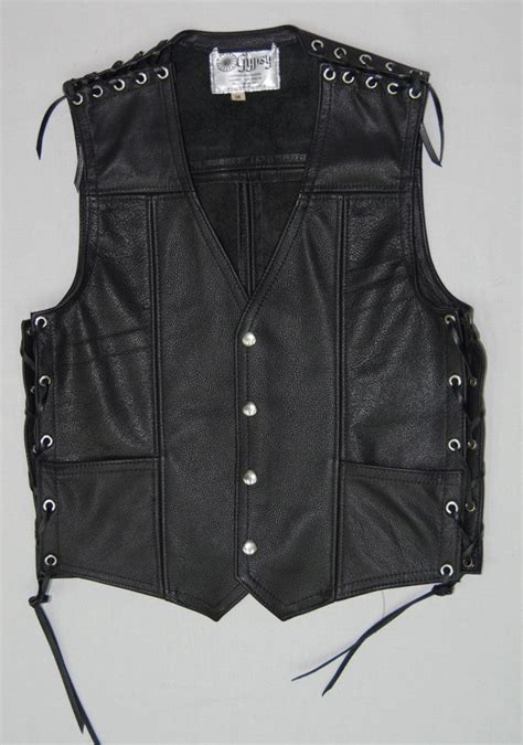 Black Leather Mens Vest With Laced Sides And Shoulders Two Front Pockets Gypsy Leather And Suede
