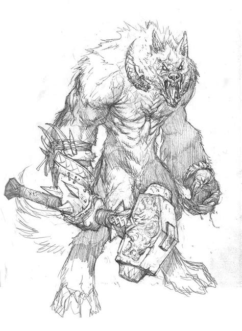 Awesome Pencilwork Werewolf Warrior With A Giant Hammer Tattoo Design