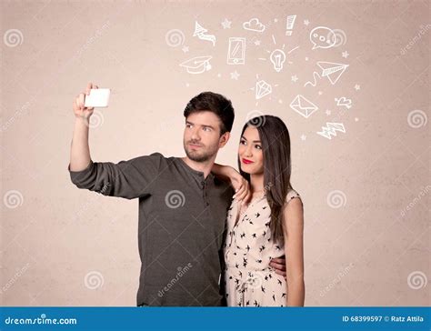 Couple Taking Selfie With Thoughts Illustrated Stock Image Image Of Male Cheerful 68399597