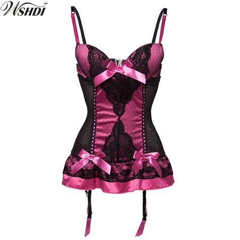 S Xxxl Sexy Rose Red Satin And Black Mesh Push Up Bustier Corset Sexy Lingerie Plus Size Women