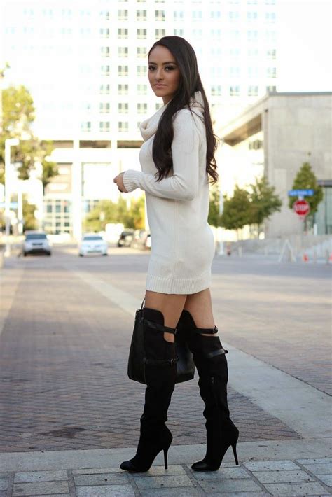 White Sweater Dress And Black Otk Boots Looks So Chic And Cozy Fashion Knee High Boots Boots