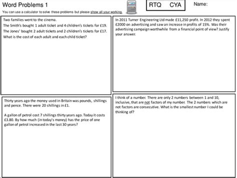 Problem Solving Sheets Teaching Resources