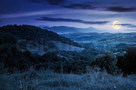 Mountainous Rural Landscape At Night Beautiful Scenery With Forests