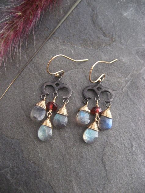 Chandelier Earrings Labradorite Garnet Dangle Earrings Etsy