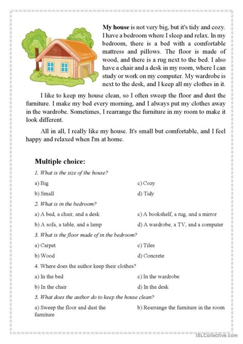 Reading Task My Cozy House For A1 English Esl Worksheets Pdf And Doc