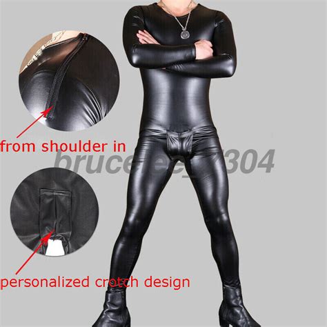 herren pu kunstleder langarm jumpsuit wetlook bodysuit catsuit clubwear schwarz ebay