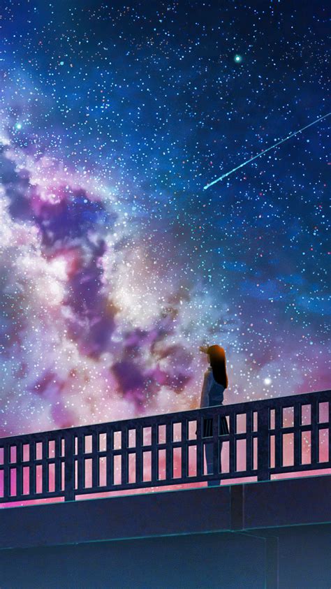 750x1334 Anime Girl Alone At Bridge Watching The Galaxy Full Of Stars