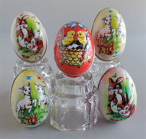 Vintage Retro Tin Litho Easter Eggs Set Of 5 Small Metal Egg