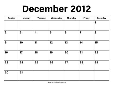 December 2012 Calendar Printable Old Calendars