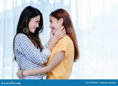 Happy Same Sex Asian Lesbian Couple Lover Embrace Stock Image Image