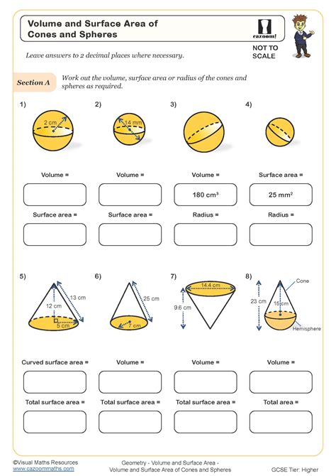 Volume And Surface Area Of Cones And Spheres Worksheet Printable Pdf