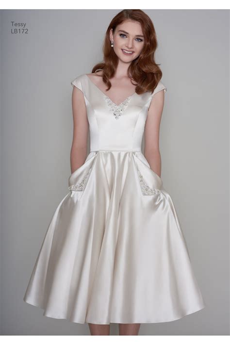 loulou bridal tessa satin tea length vintage 1950s inspired short wedding dress with pockets