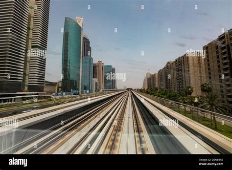 Dubai Metro Railroad In Motion View From The Train Dubai Uae Stock