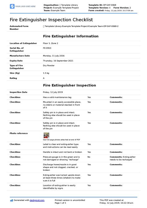 Check the last professional service date on the tag. Fire Extinguisher Inspection Checklist template (Better ...