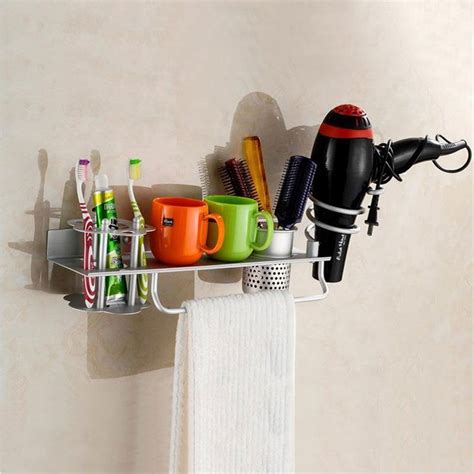 aluminum multi functional bath shelf toothbrush hair dryer holders hanger wall mounted bathroom