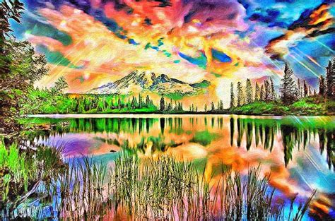 Mountain Lake And Sky Painting By Dhouib Skander