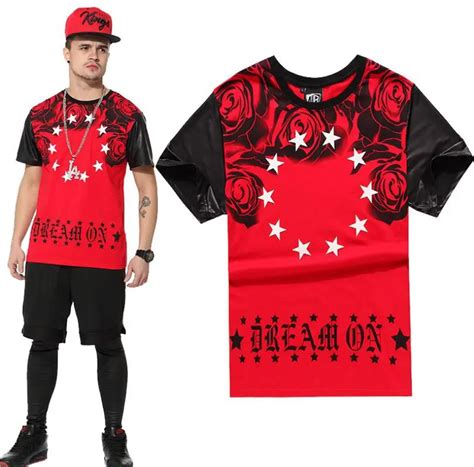 2015 T Shirt Men Hip Hop Leather Sleeve Rose Pattern Mens T Shirts Swag