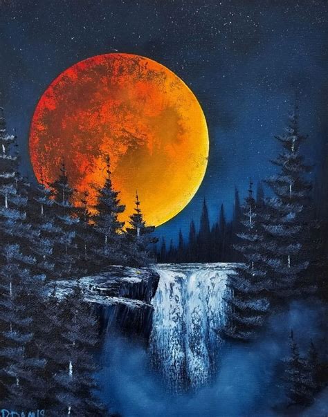 My Painting Of A Big Moon In Bob Ross Style Via Rpics Nature Art