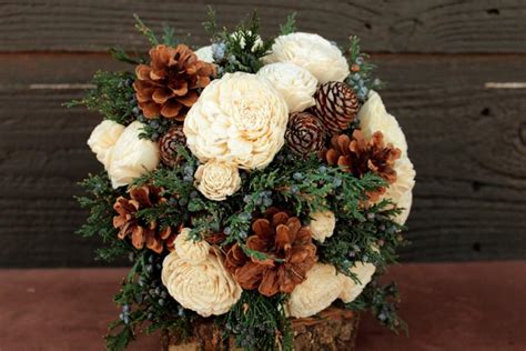 Silk wedding bouquets with runuculus and pine cones. Rustic Winter Sola Flower Wedding Bouquet, Winter Wedding ...