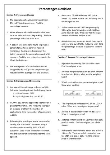 Percentages Gcse Revision Worksheet By Mrsmorgan1 Teaching Resources
