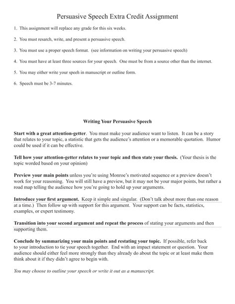 A persuasive speech outline is an outline that helps you to remember all the main points, arguments, and materials that you will need for effective delivery. Persuasive Speech Extra Credit Assignment