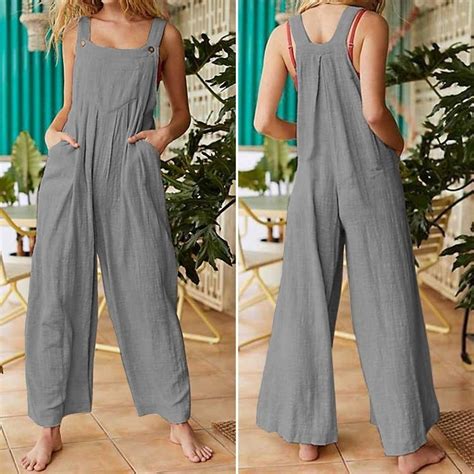 Plus Size Women Cotton Jumpsuit Rompers Casual Loose Wide Leg Overalls