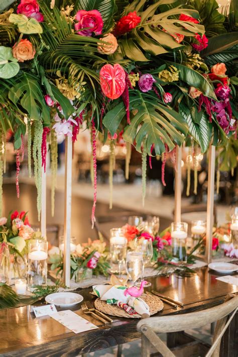 Tropical Garden Wedding Centerpiece With Palm Leaves Table Decoration
