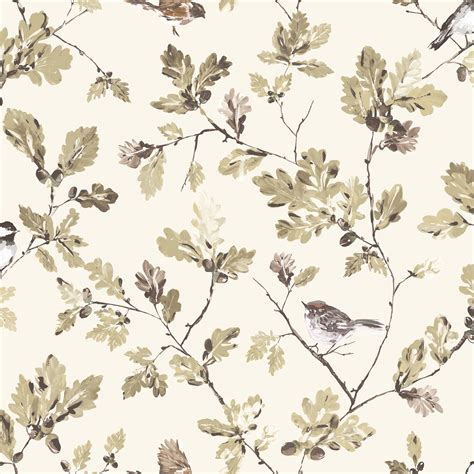 Acorn Trail Brown And Cream Floral Birds Mica Wallpaper Departments
