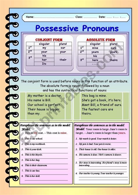 Possessive Pronouns Worksheets Learning Possessive Pronouns Worksheet