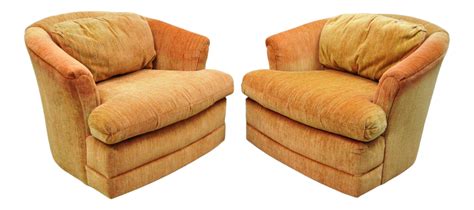 Flexsteel Mid Century Orange Upholstered Swivel Lounge Club Chairs A
