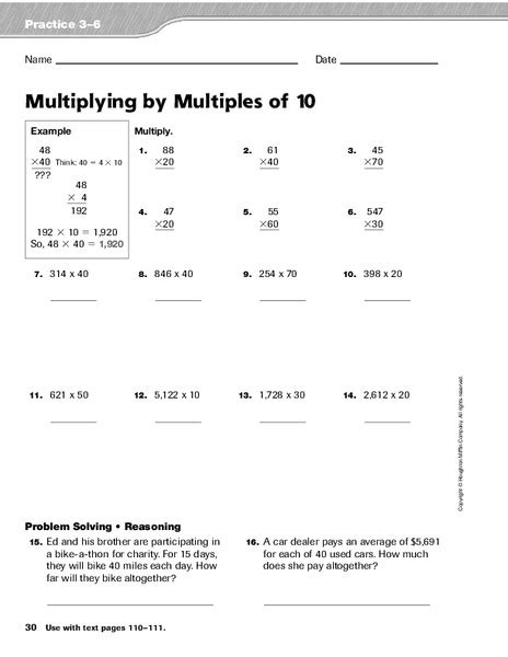 Multiplying By Multiples Of 10 Worksheet For 3rd 5th